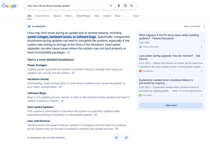 Een vraag over Linux direct beantwoordt door de Gemini AI in Google